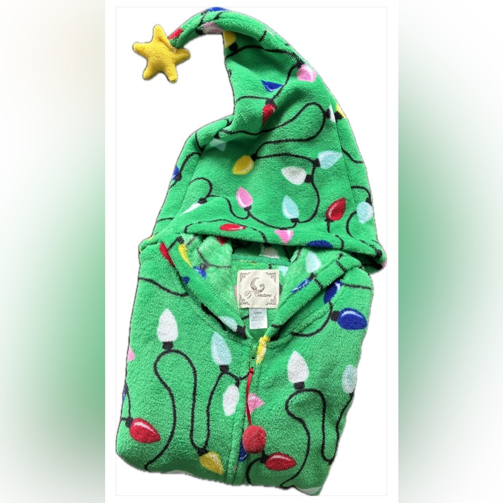 Pj Couture Women’s Green Hooded Pajama Onsie with Festive Lights Sz Large